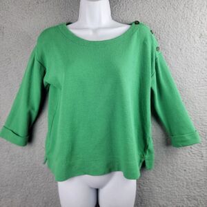 J Jill Tee Top Womens SP Green Button Shoulder Ottoman Knit Boat Neck Cuffs Slit